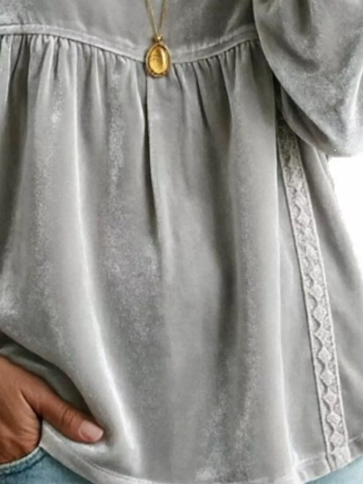 Full Size V-Neck Long Sleeve Velvet Blouse with Lace Trim Plus Size - Gray - View 3