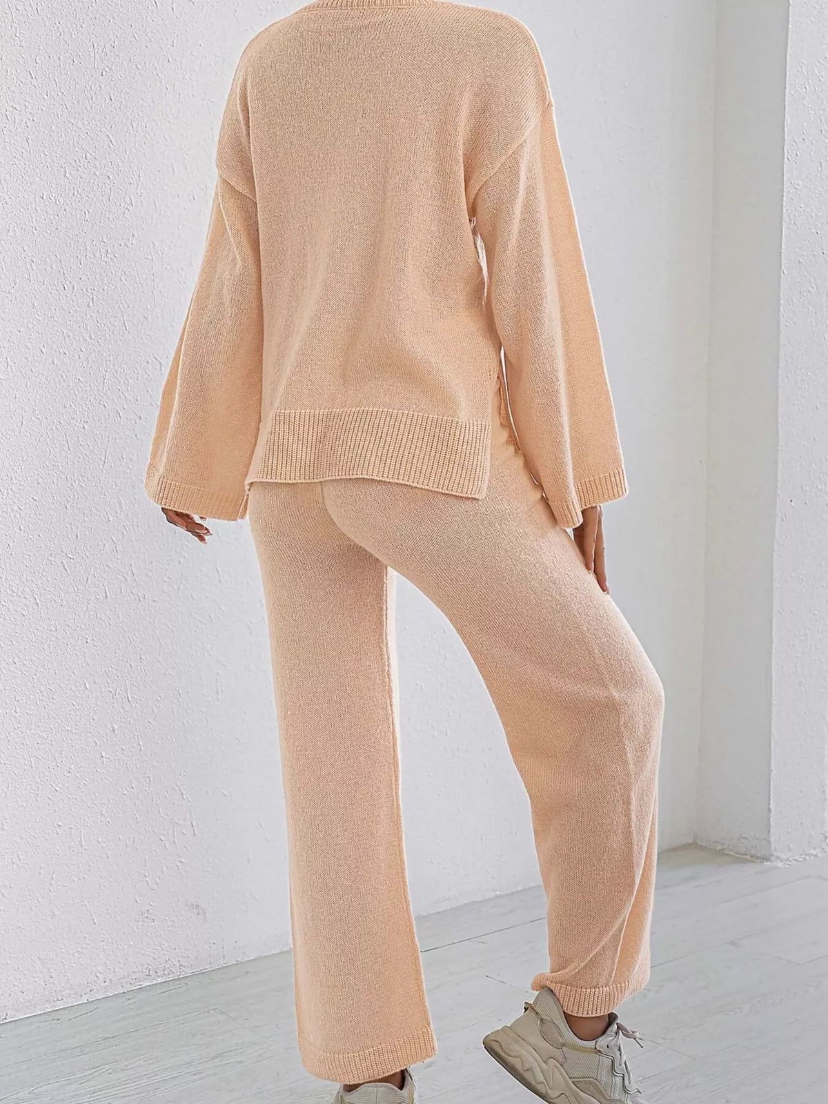 Dropped Shoulder Top and Pants Sweater Set - Apricot Suit - View 6