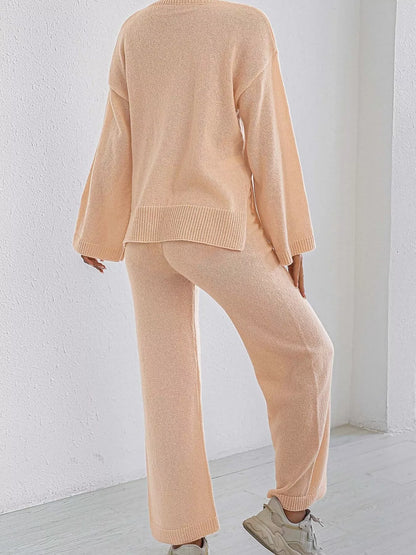 Dropped Shoulder Top and Pants Sweater Set - Apricot Suit - View 6