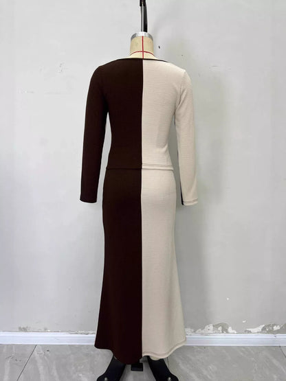 Two-Tone Long Sleeve Top and Maxi Skirt Set - Apricot - View 7