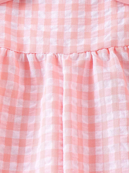 Children's Bow Plaid Wide Strap Jumpsuit - Pink - View 5