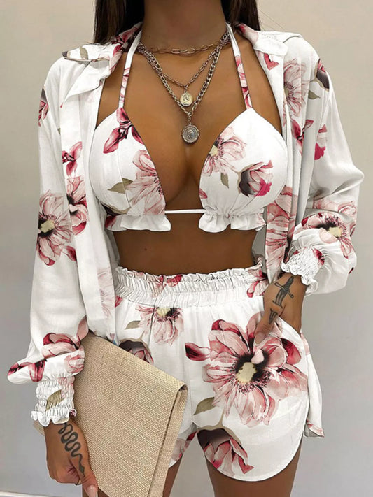 Full Size Halter Neck Cami & Shirt & Shorts 3-Piece Outfit Set Plus Size - product photo 1