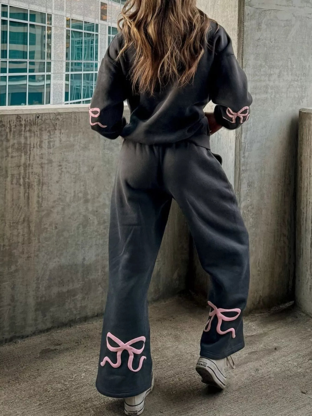 Bow and Heart Dropped Shoulder Hoodie and Pants Set - Grey - View 8