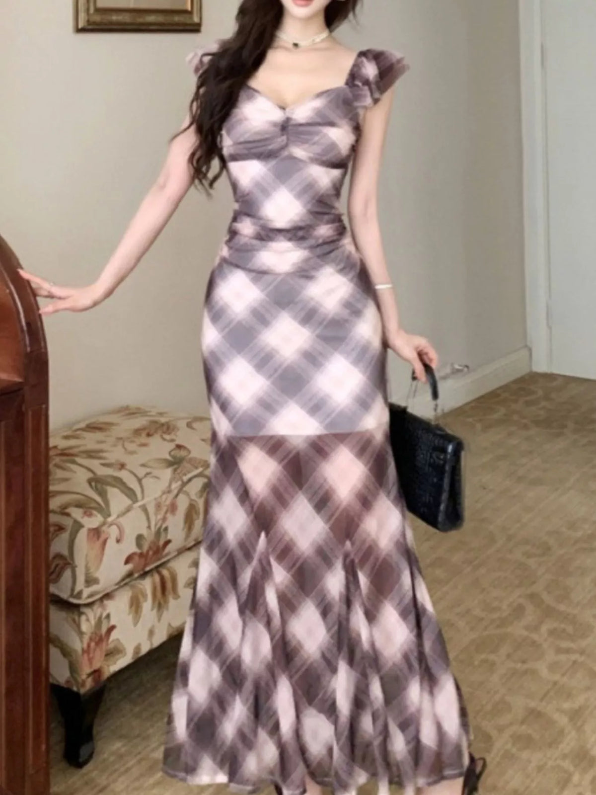 Plaid Ruffle Cap Sleeve Bodycon Maxi Dress - Brown - View 7