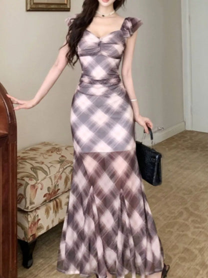 Plaid Ruffle Cap Sleeve Bodycon Maxi Dress - Brown - View 7