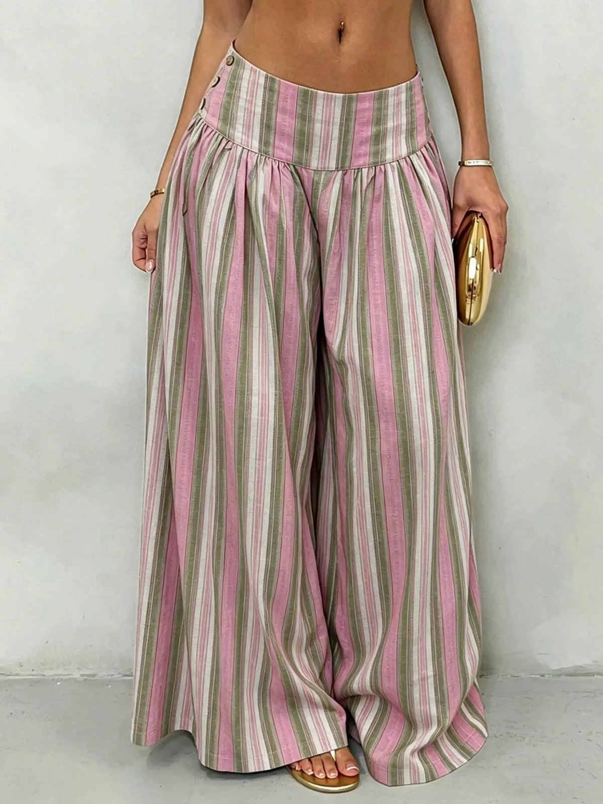 High-Waisted Striped Wide-Leg Casual Pants - Green Pink Stripes - View 5