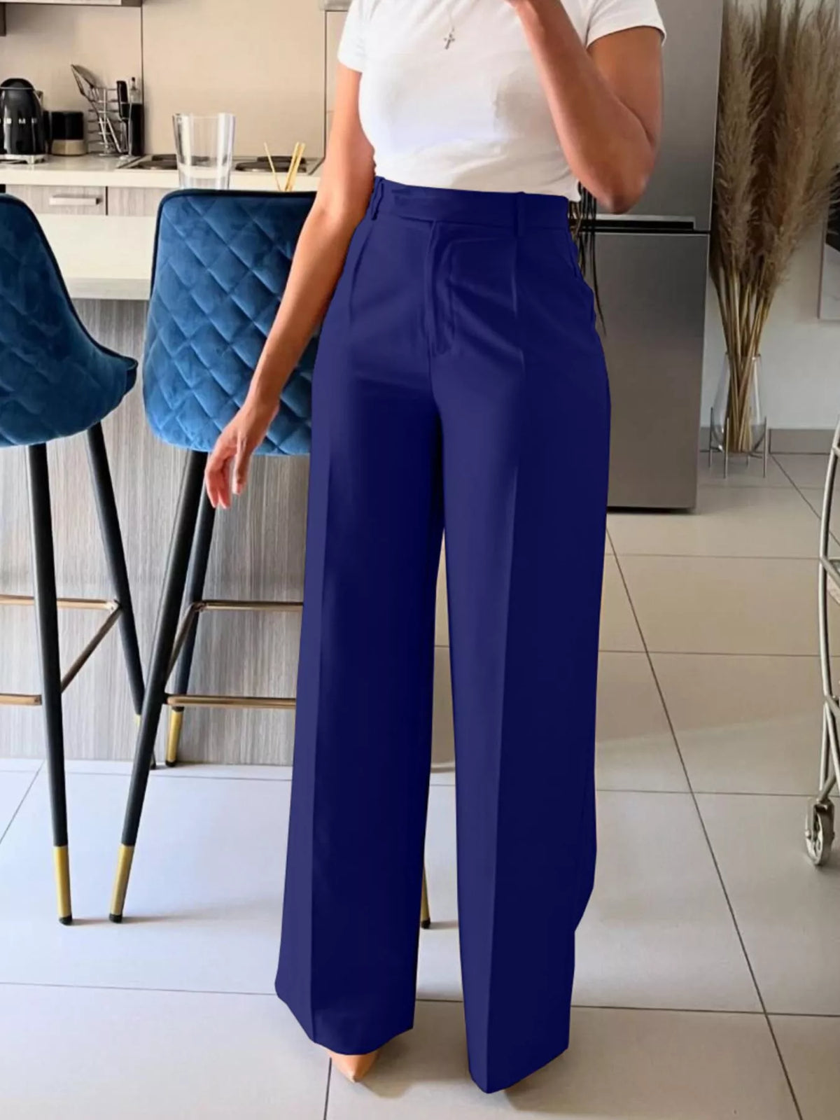 High-Waisted Wide-Leg Pants - Dark Blue - View 7