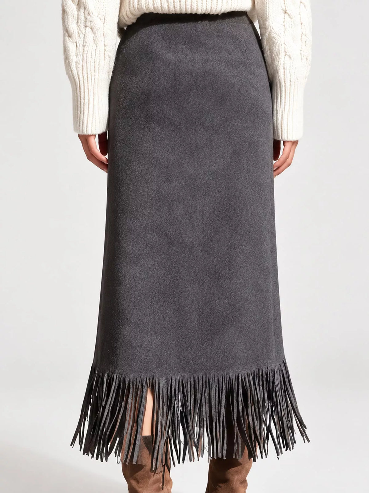 High-Waisted Fringe Midi Skirt - Dark Gray - View 17