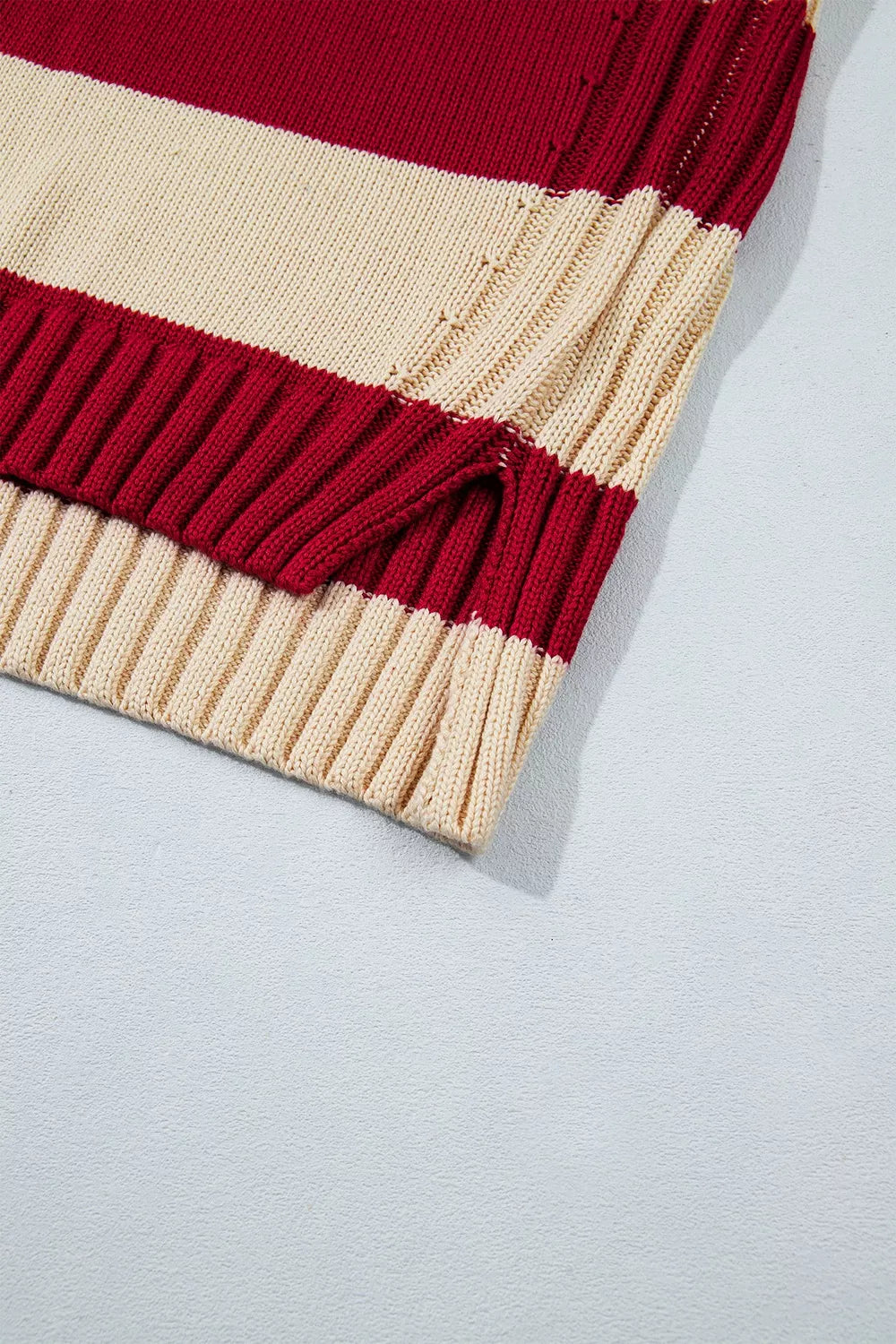 Stripe Ribbed Trim High Neck Relaxed Pullover Sweater - Burgundy - View 9