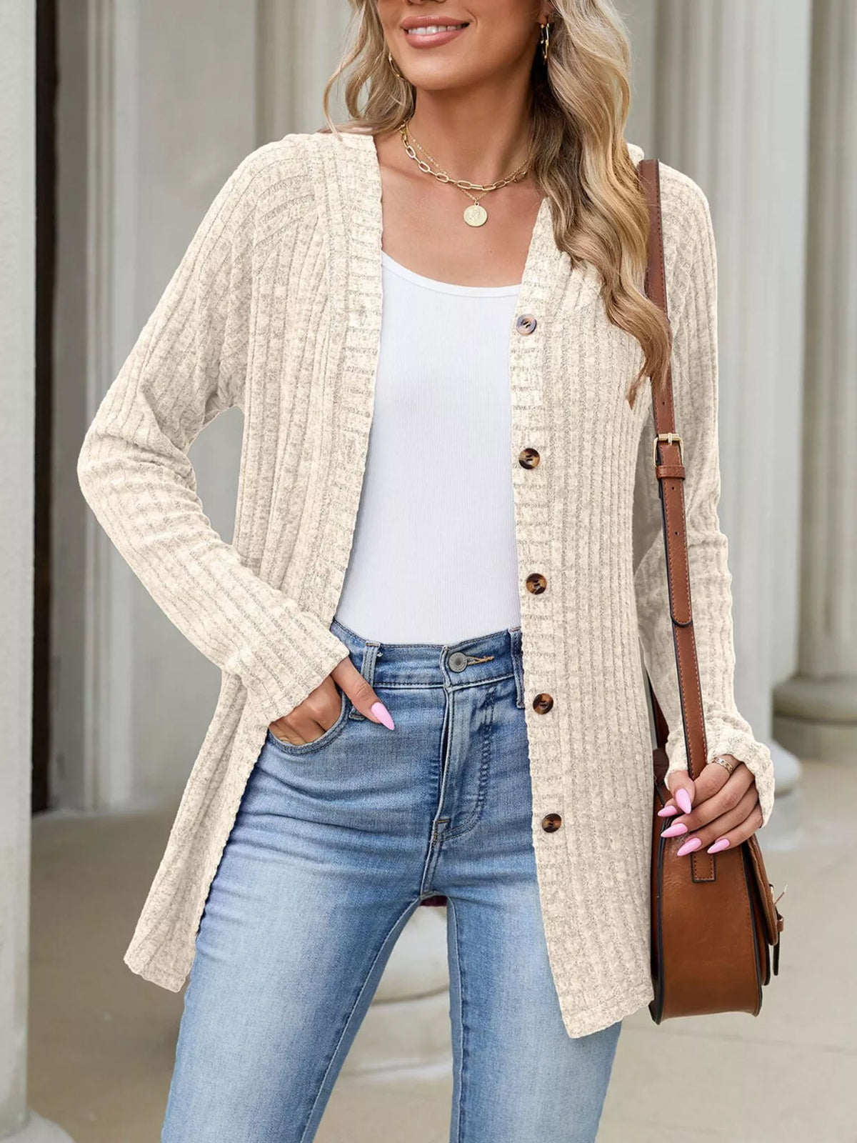 Ribbed Knit Hooded Button-Down Cardigan - Apricot Color - View 4