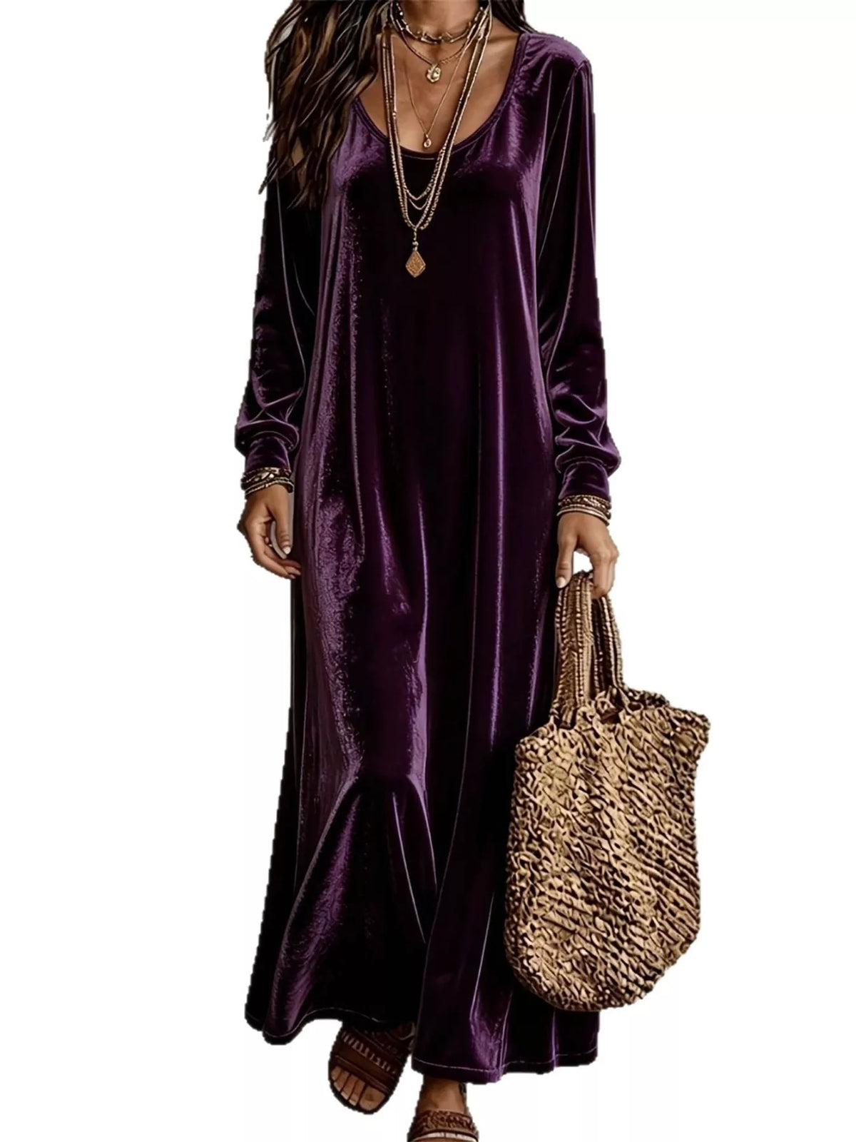 Velvet Long-Sleeve Maxi Dress - Purple - View 26
