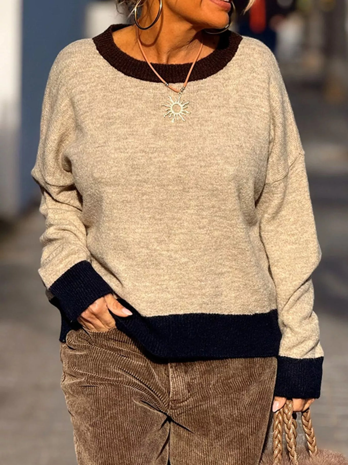 Contrast Trim Crew Neck Sweater - Coffee Brown - View 5