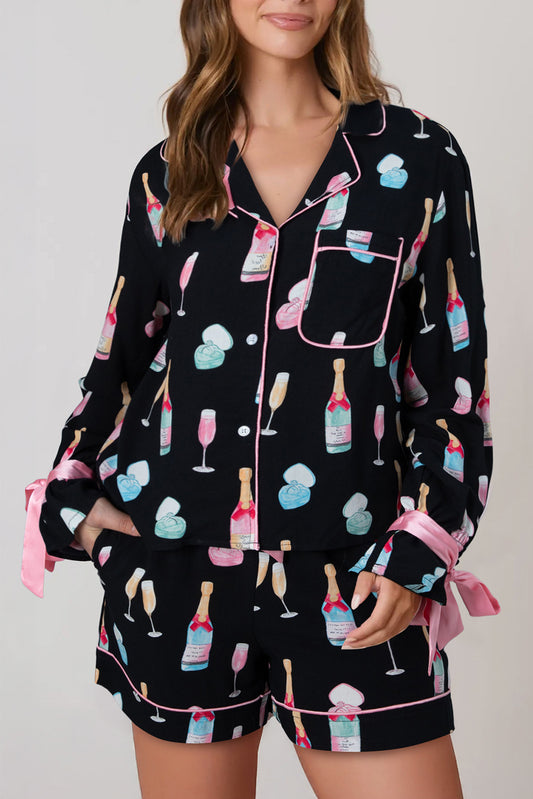 Color black Christmas Wine Glass Print Bow Knot Two Piece Pajama Set - Color black - 1