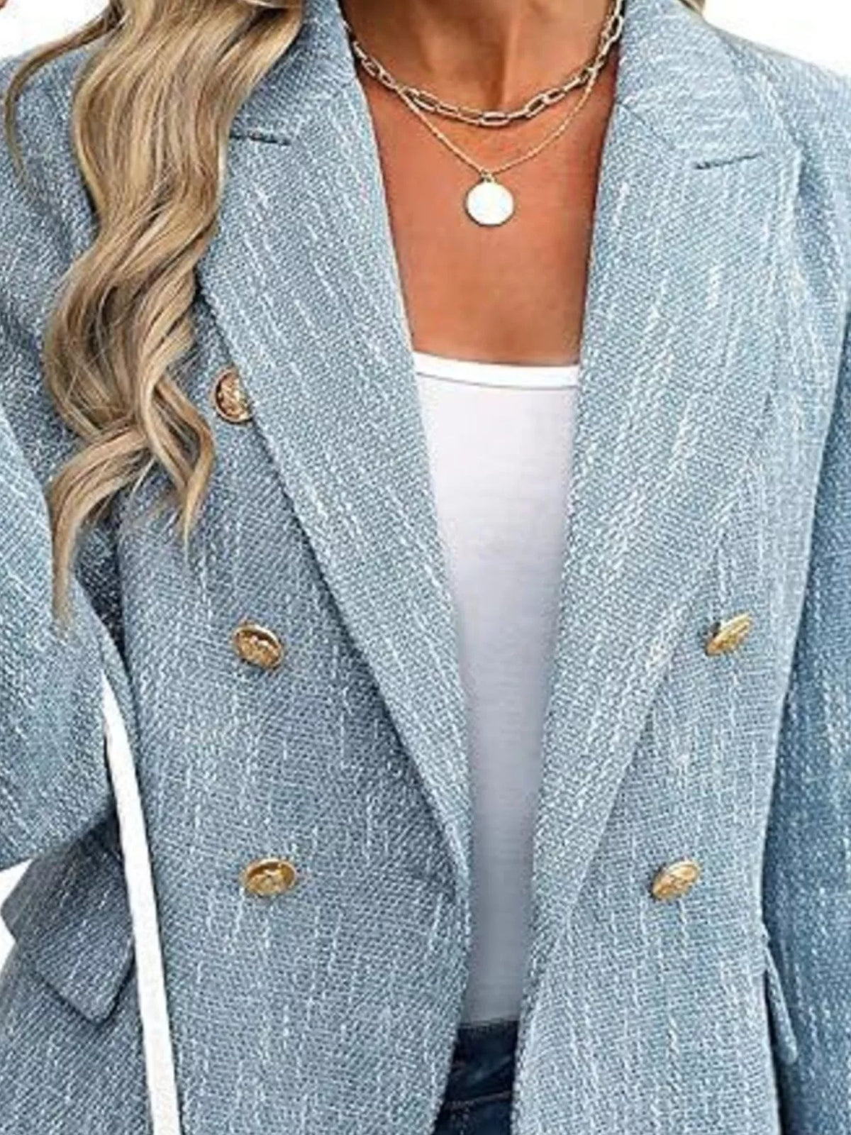 Double-Breasted Lapel Collar Blazer - Light Blue - View 8