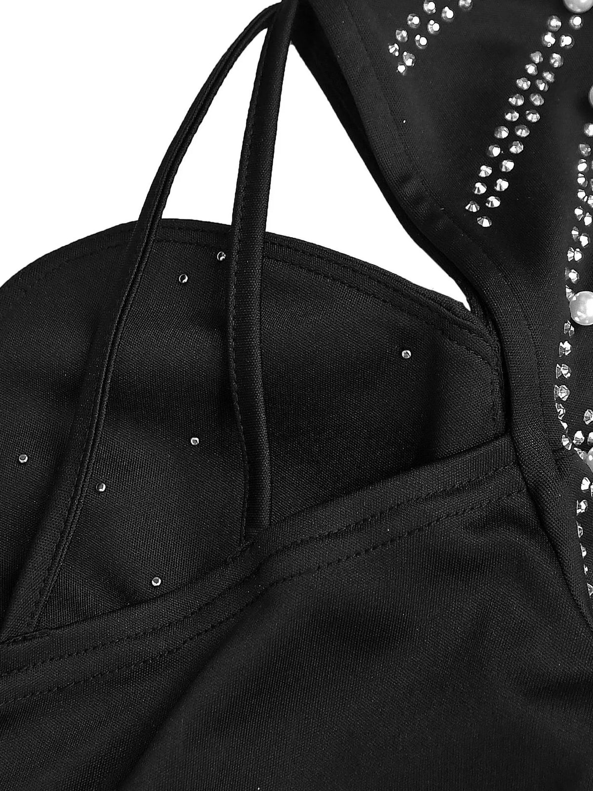 Rhinestone Pearl Detail One-Shoulder Mermaid Maxi Dress - Black - View 13