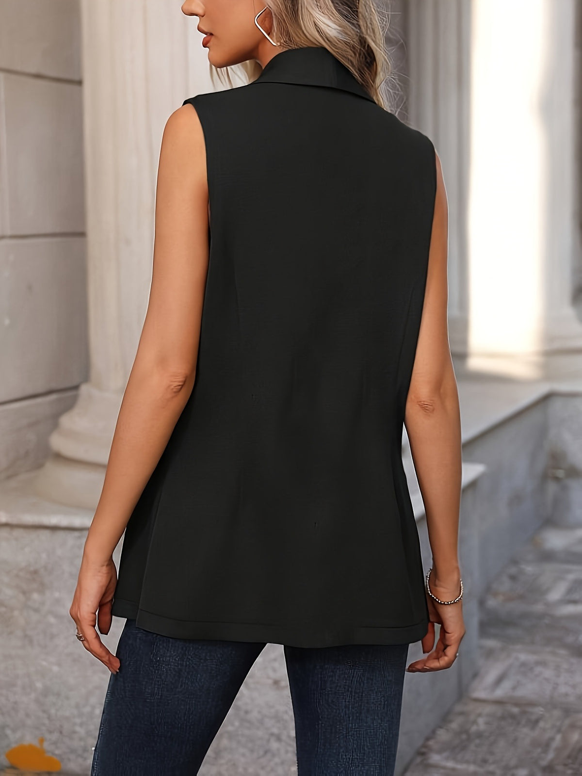 Sleeveless Shawl Collar Vest Coat - Black - View 7