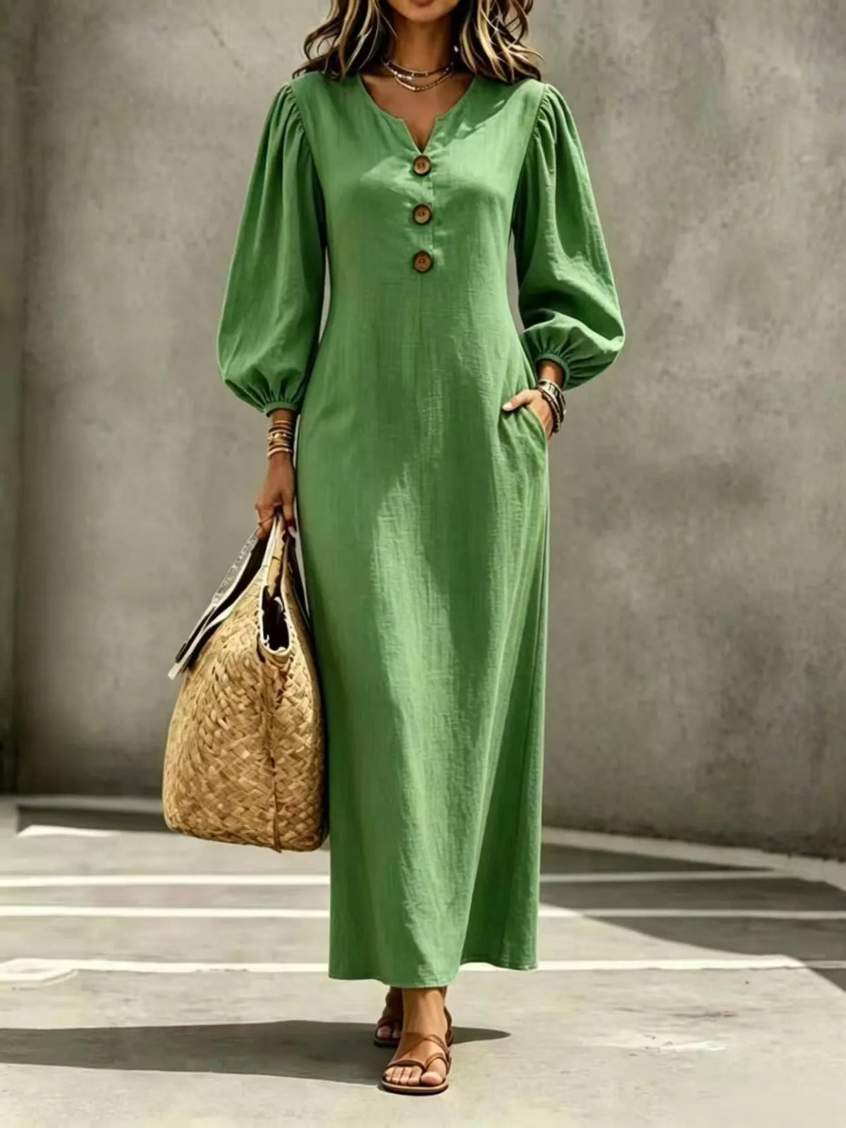 Decorative Button Balloon Sleeve Maxi Dress - Sea Green - View 1