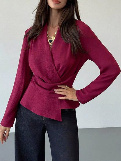 Wrap-Front Long Sleeve Blouse - Cerise - View 1