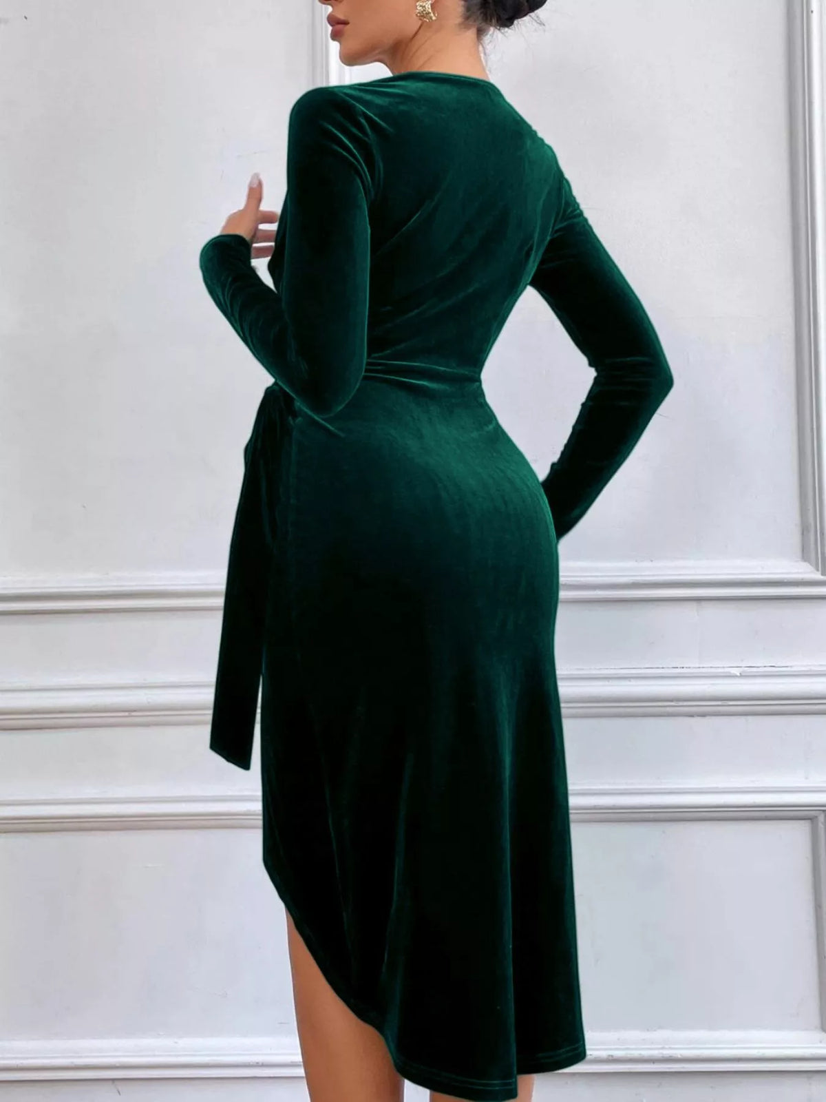 Velvet Wrap Long Sleeve Midi Dress - Dark Green - View 6