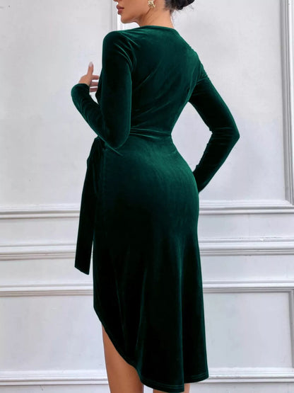 Velvet Wrap Long Sleeve Midi Dress - Dark Green - View 6