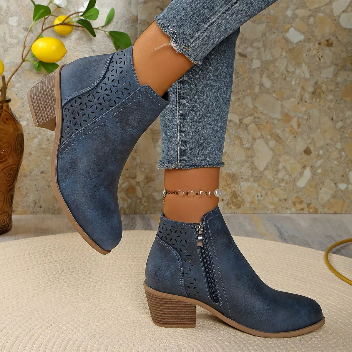 Point Toe Block Heels Boots - Blue - View 19