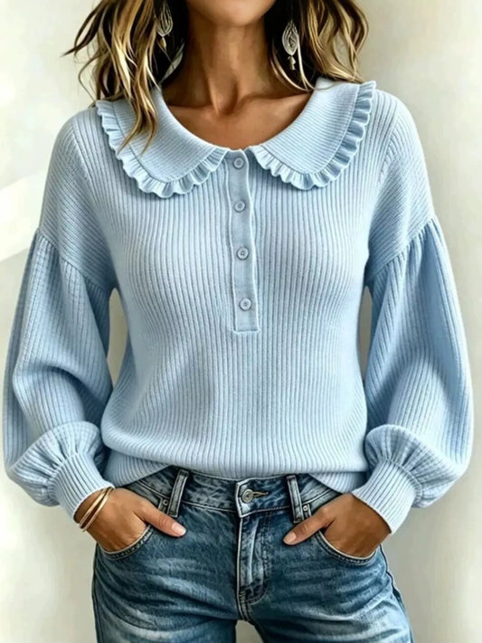 Full Size Ruffle Collar Button Detail Sweater Plus Size - Sky Blue - View 1