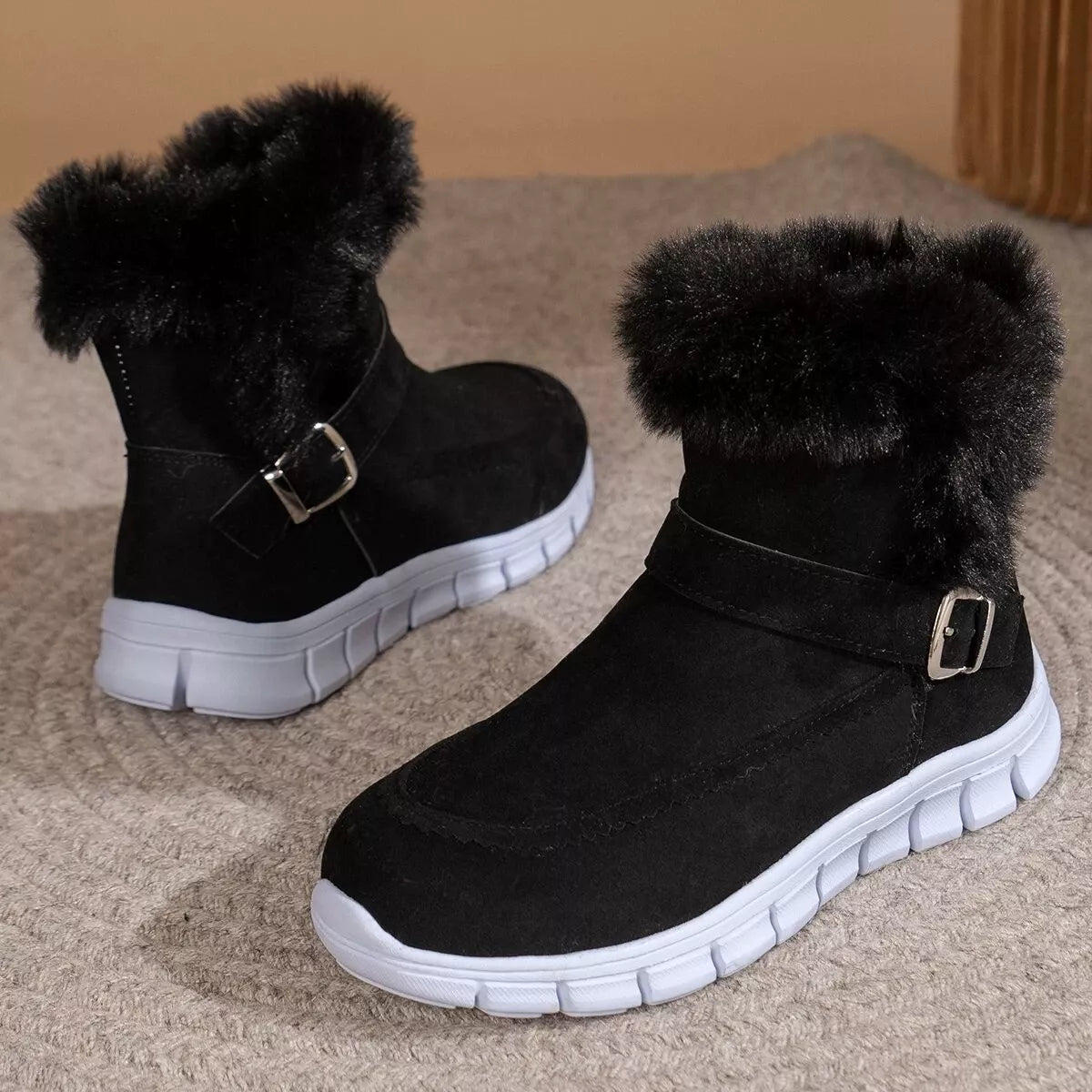 Fuzzy Trim Buckle Boots - Black - View 3
