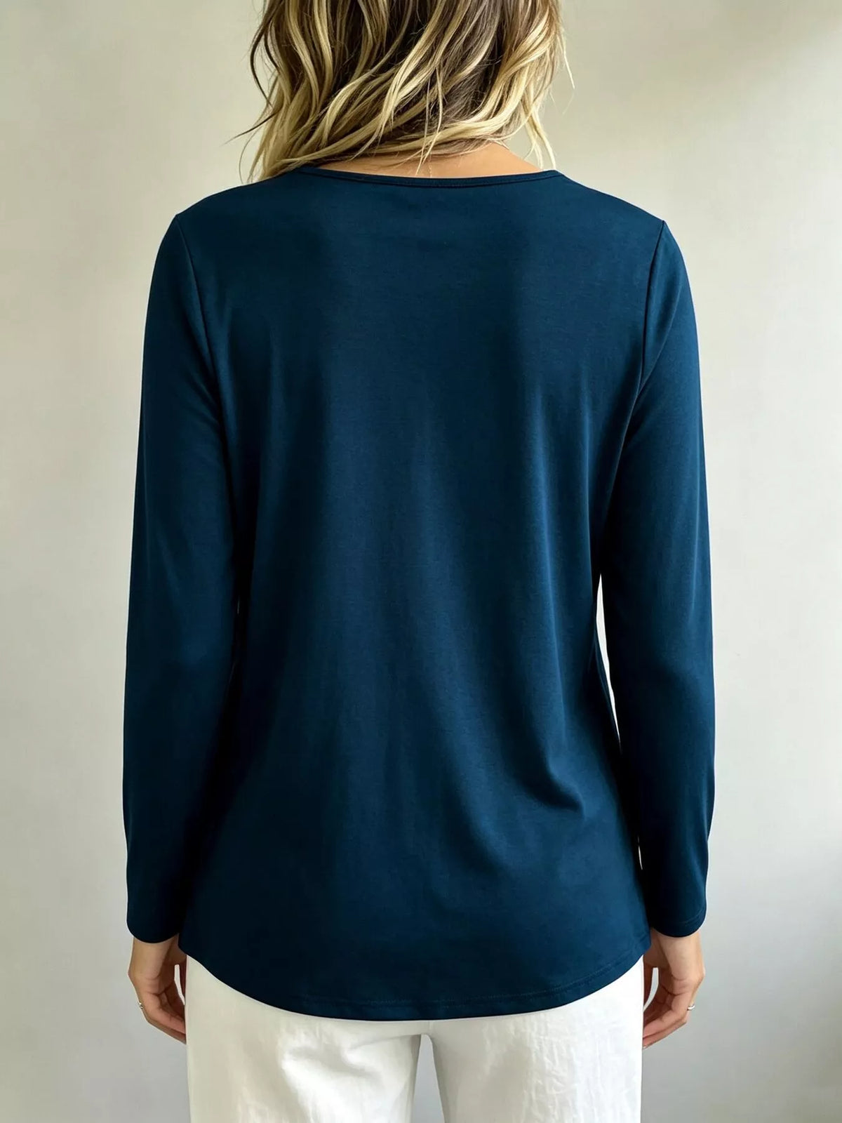 Plus Size Decorative Button Criss-Cross Long Sleeve Top - Navy - View 3
