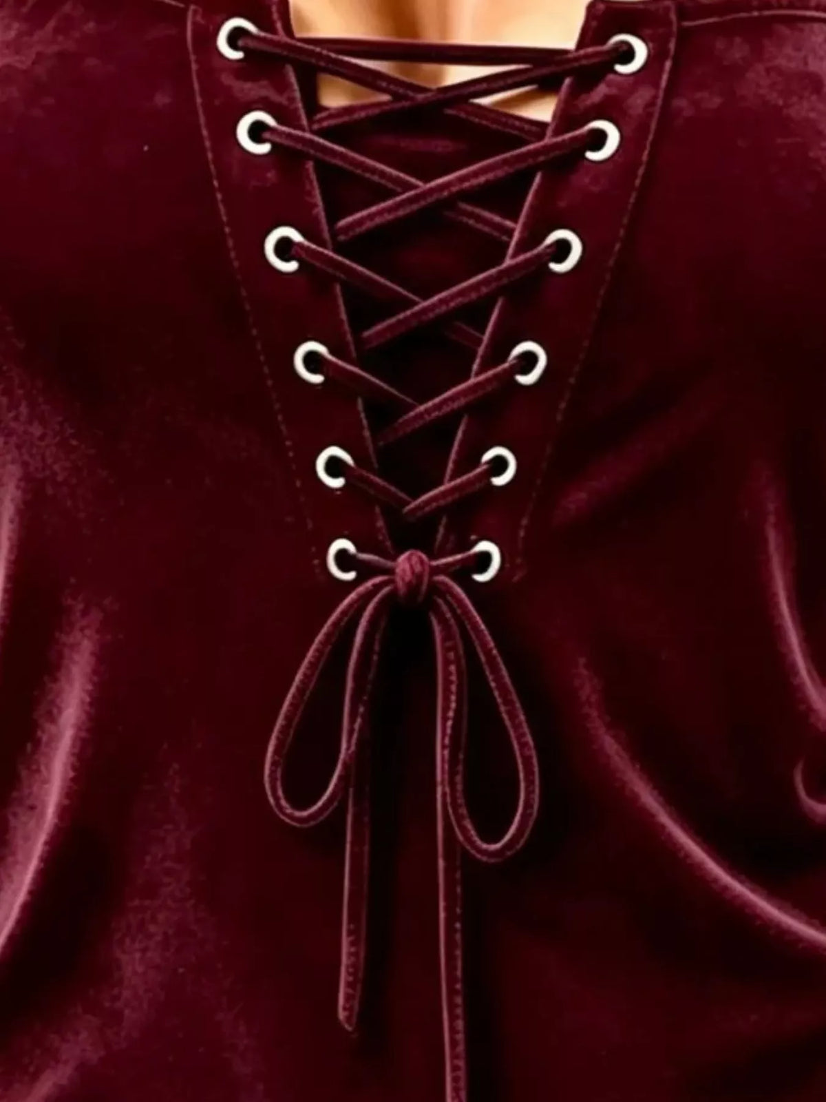 Full Size Long Sleeve Lace-Up Front Slim Fit T-Shirt Plus Size - Burgundy - View 2