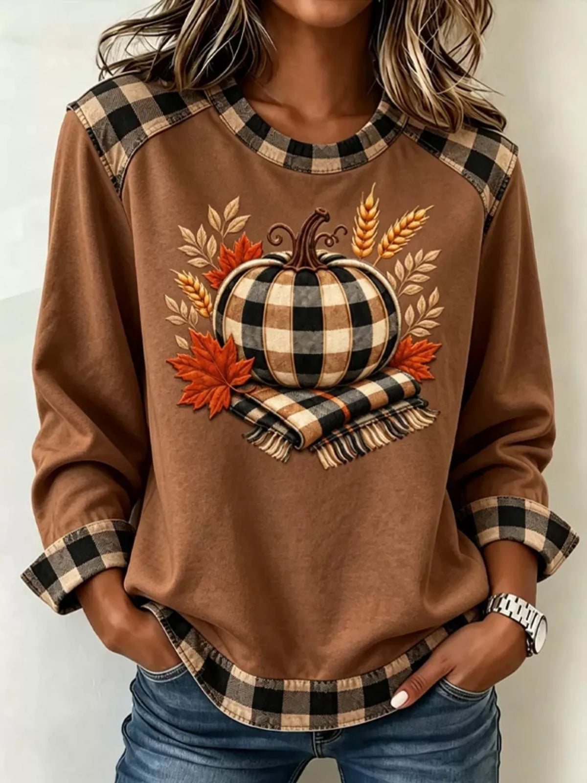 Full Size Pumpkin Plaid Patchwork Long Sleeve Sweatshirt Plus Size - Caramel - View 1