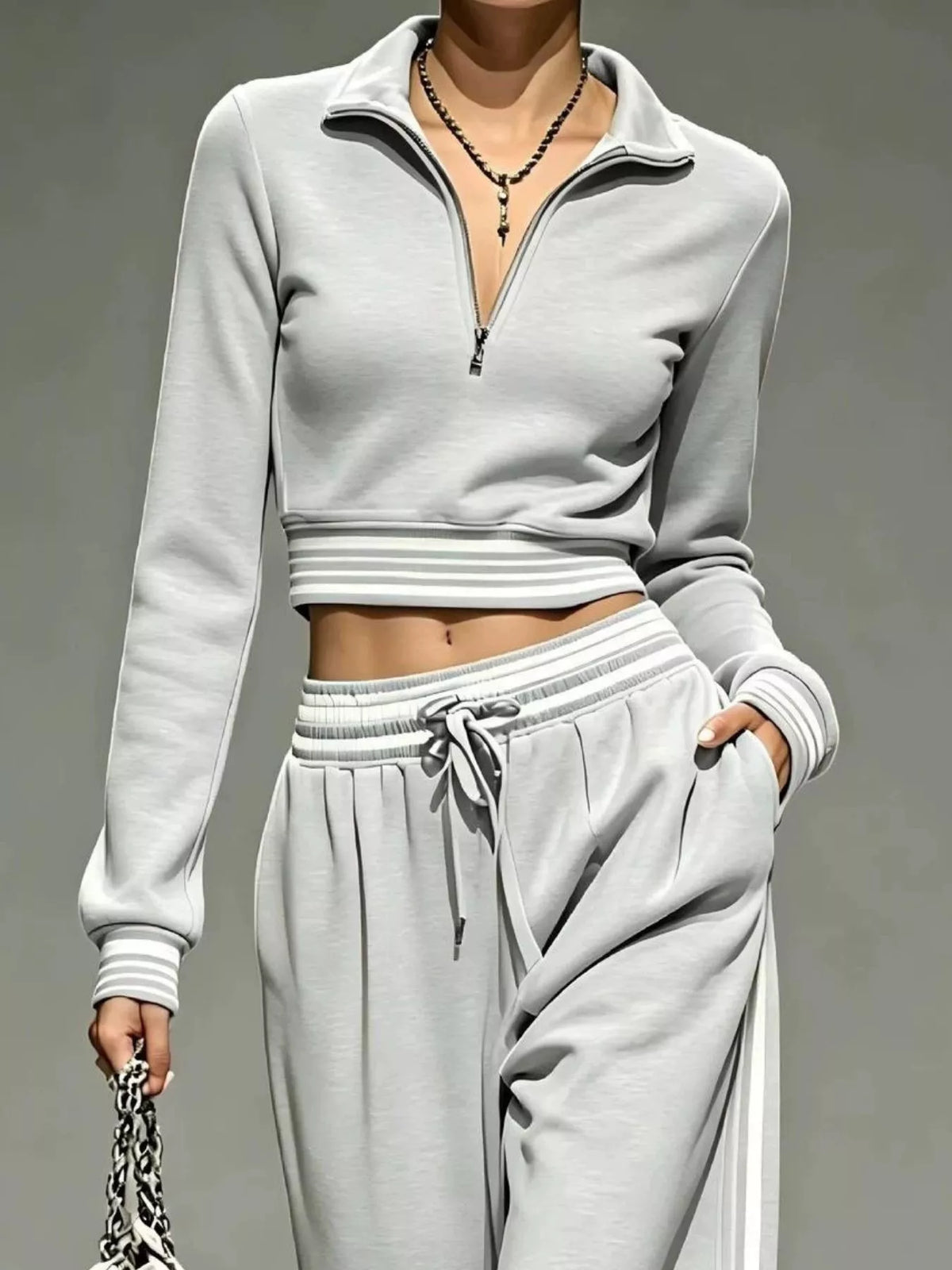 Full Size Half Zip Cropped Top and Pants Set Plus Size - Light Gray - View 2
