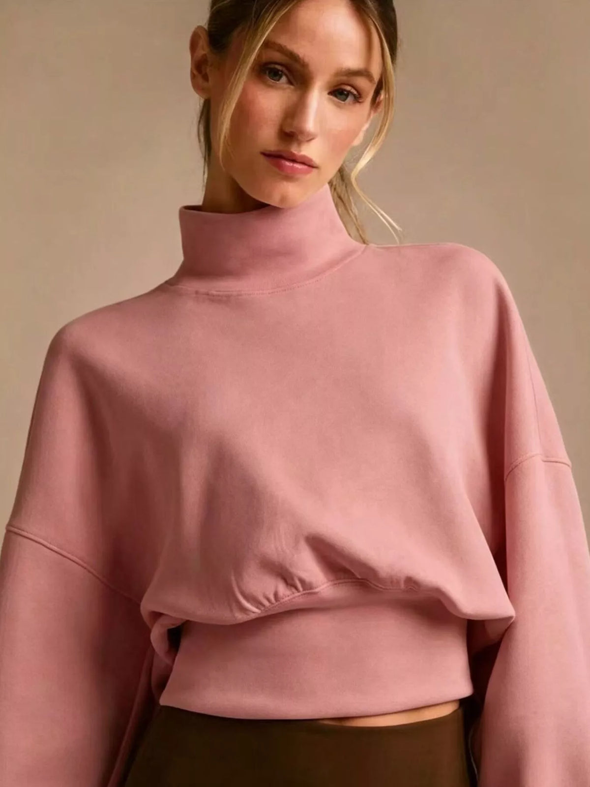 Turtleneck Dropped Shoulder Sweatshirt - Pink - View 2