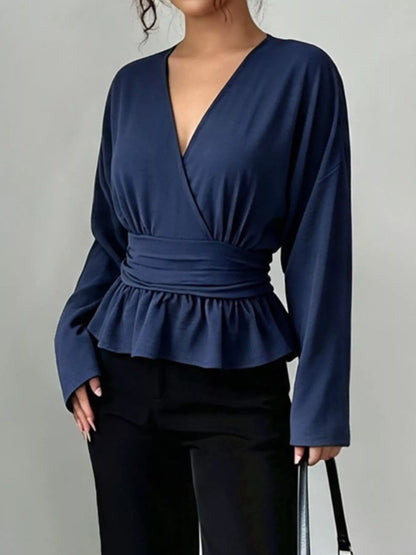 Surplice Long Sleeve Wrap Blouse - Dark Blue - View 3