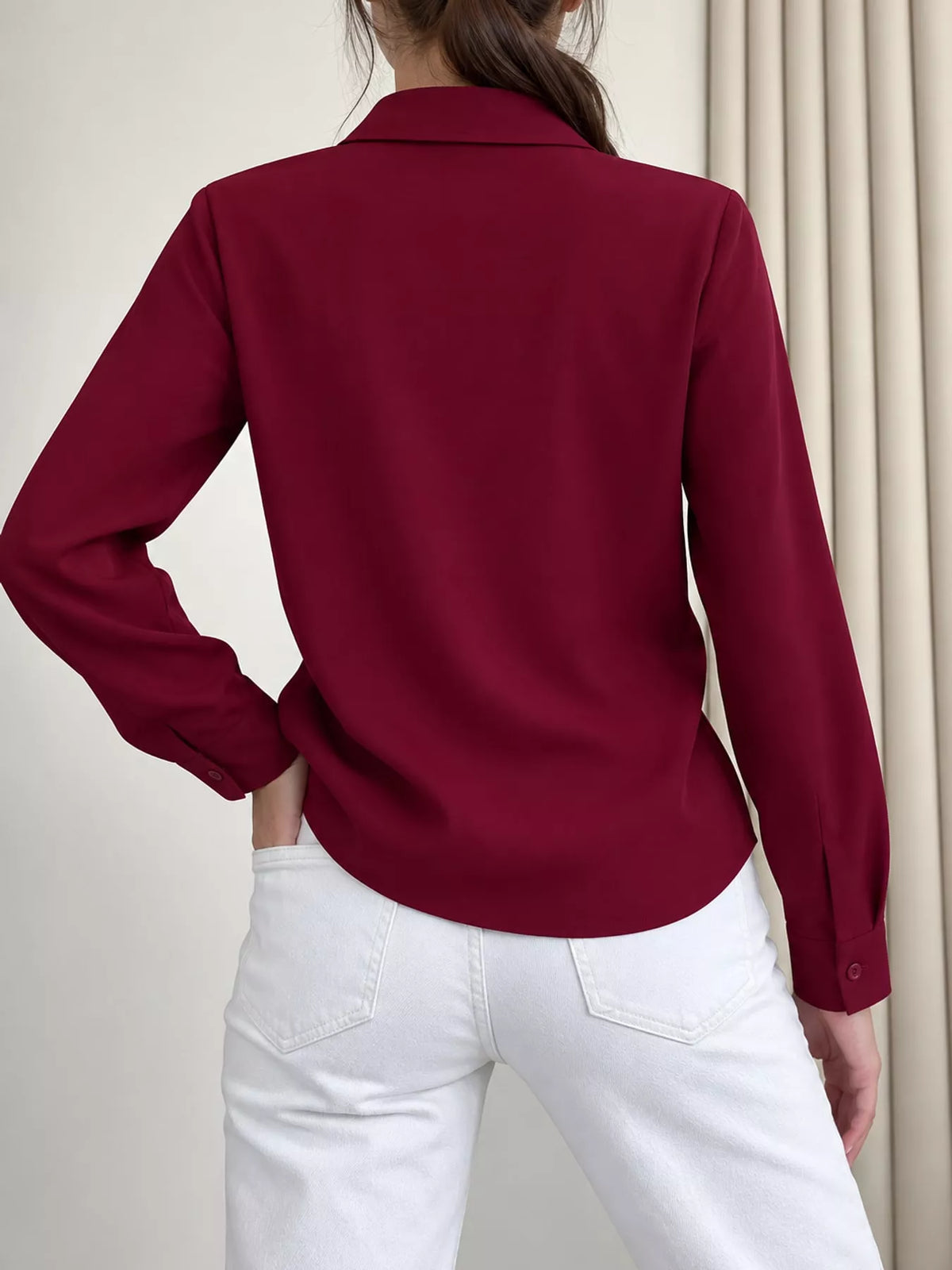 Button Up Long-Sleeve Shirt - Burgundy - View 63