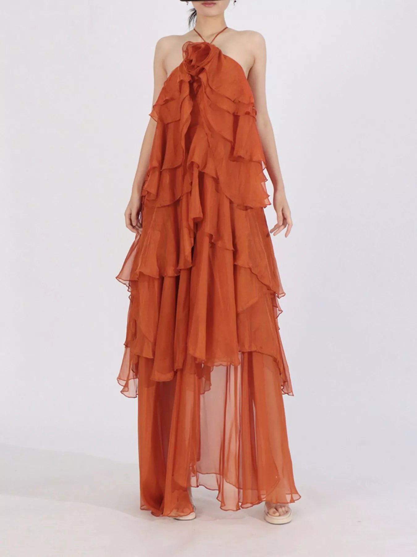Ruffled Chiffon Halter Neck Maxi Dress - Orange - Styled Full Length Front View