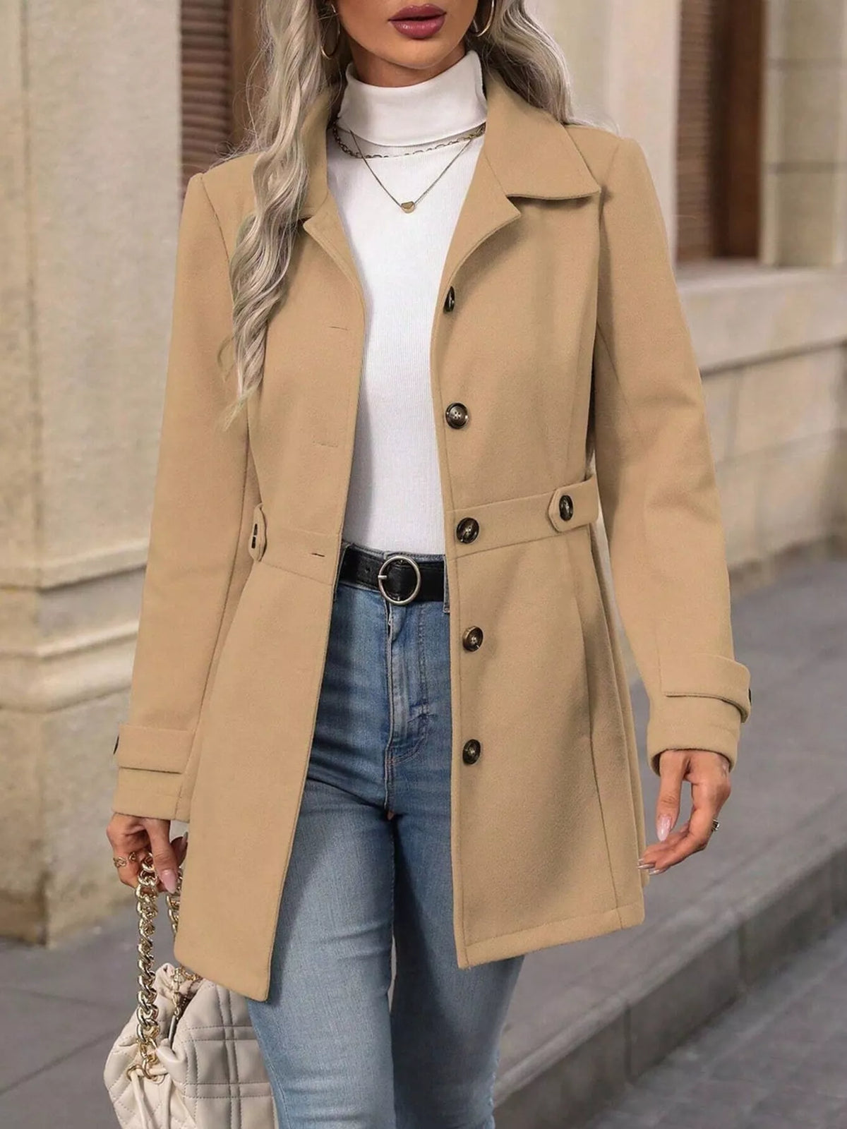 Single-Breasted Long Sleeve Coat - Khaki - View 1