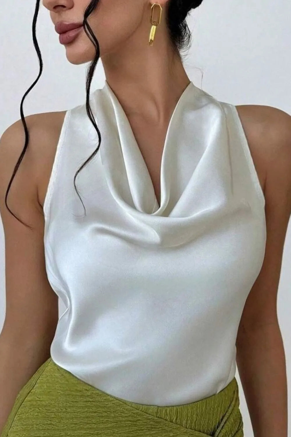 Satin Cowl Neck Sleeveless Blouse - White - View 4