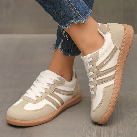 Contrast Lace Up Round Toe Sneakers - Eggshell - View 2