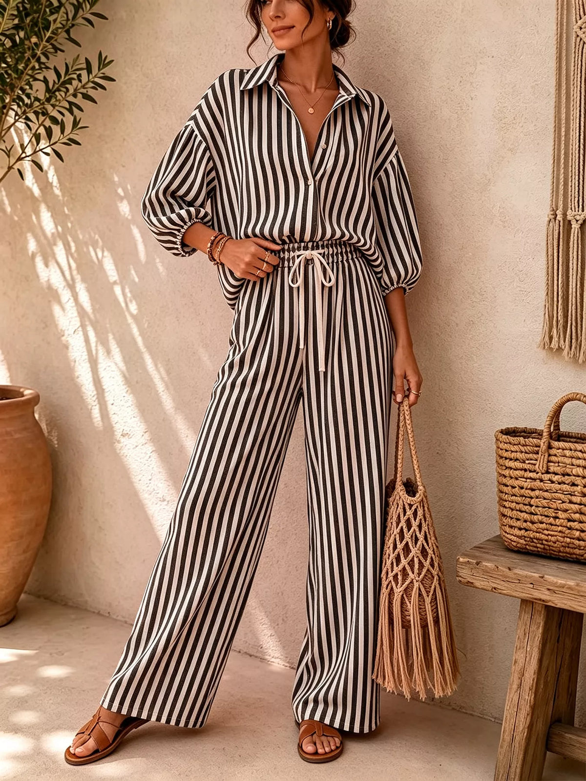 Striped Collared Shirt and Wide-Leg Drawstring Pants Set - Black - View 2