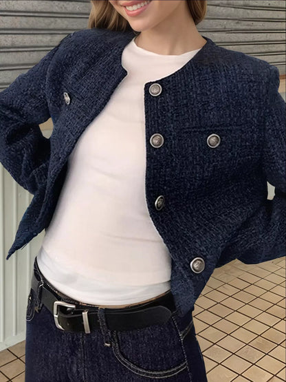 Tweed Metallic Buttons Cropped Outerwear - Blue - View 4
