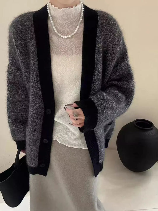 V-Neck Cardigan with Contrast Trim - Black - View 1