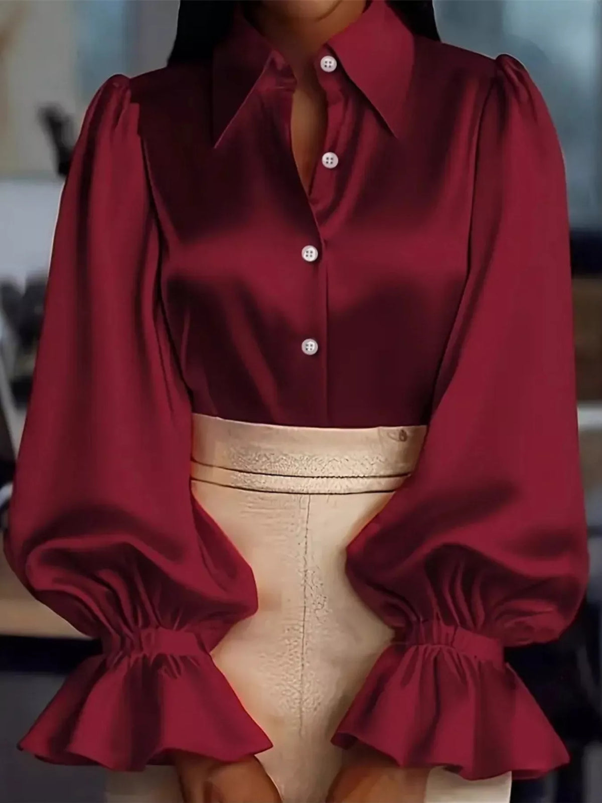Satin Button Up Flounce Sleeve Shirt - Wine Red - View 9
