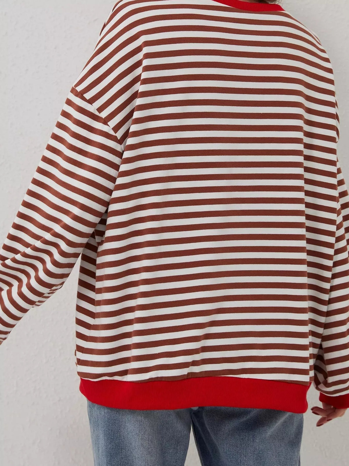 Striped Contrast Trim Oversized Sweatshirt - Red - View 2