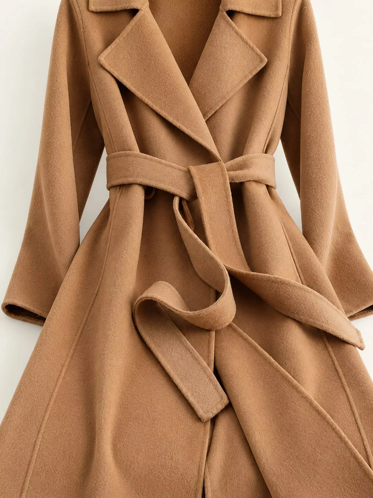 Longline Wool Coat with Waist-Defining Belt - Camel - View 4