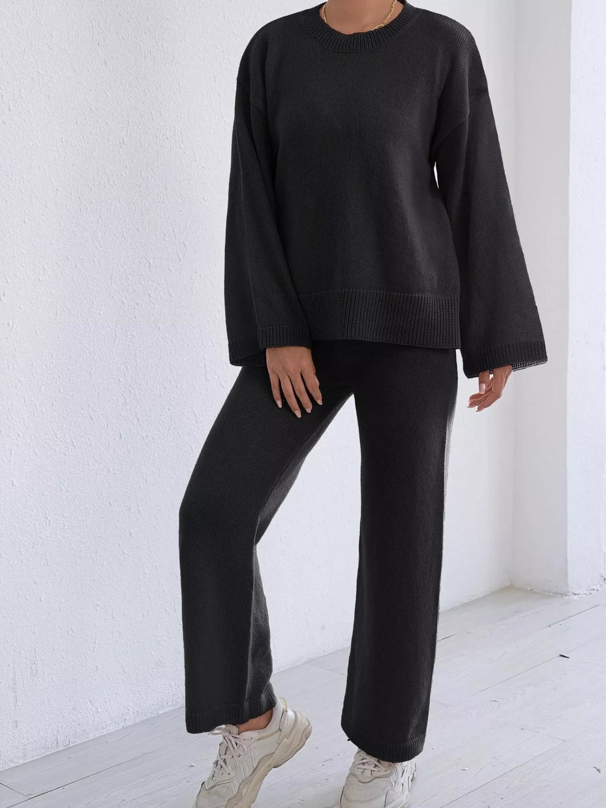 Dropped Shoulder Top and Pants Sweater Set - Black Suit - View 4