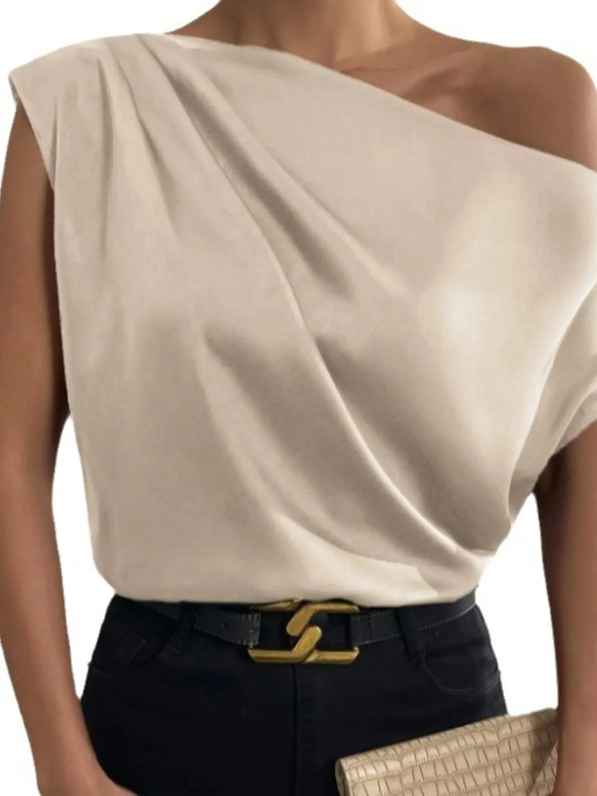 Asymmetrical One-Shoulder Draped Blouse - Milky White - View 8