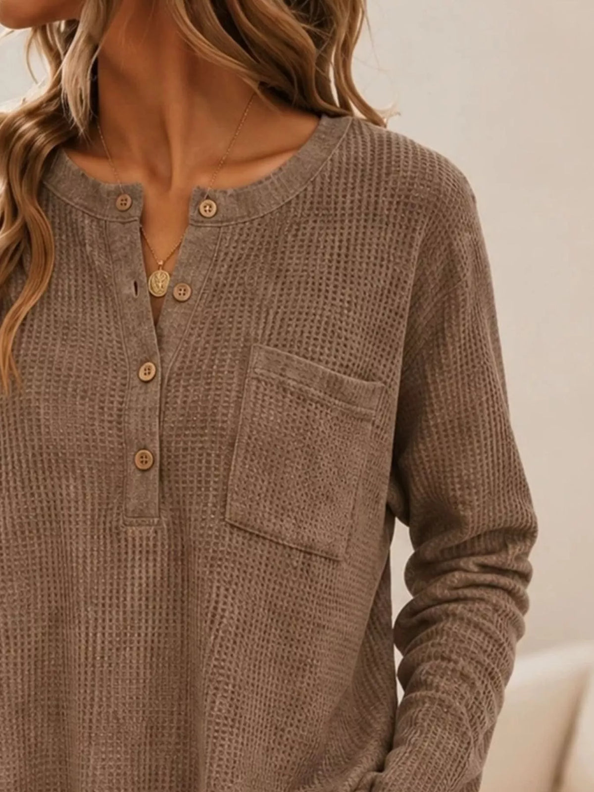 Waffle Knit Button Detail Top - Brown - View 2