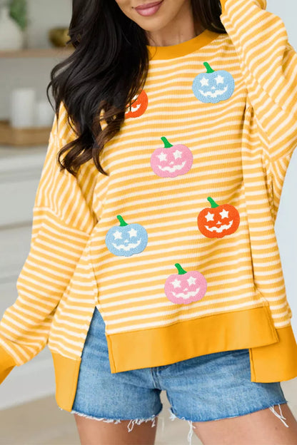 Stripe Halloween Pumpkin Face Waffle Knit Pullover Loose Top with Slits - Gold - View 4