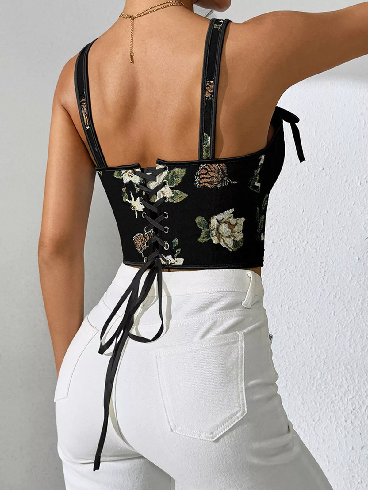 Floral Lace Up Back Tank - Black - View 17