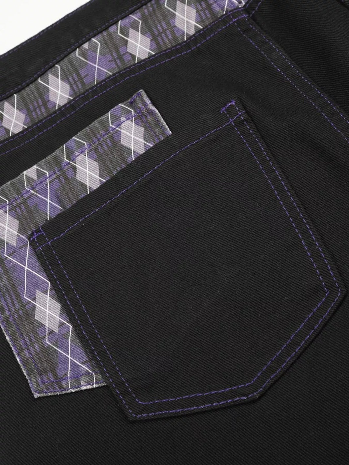 Men's High-Waisted Wide-Leg Jeans with Argyle Pattern Accents - Black - View 14